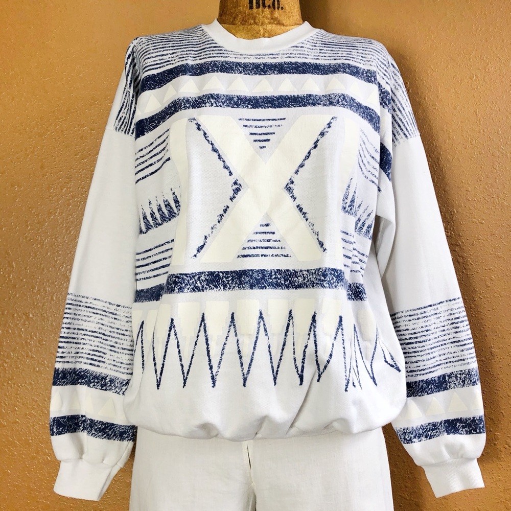 Vintage 80s Abstract Geometric Triangle Wave Silkscreen Sweatshirt Straight Edge